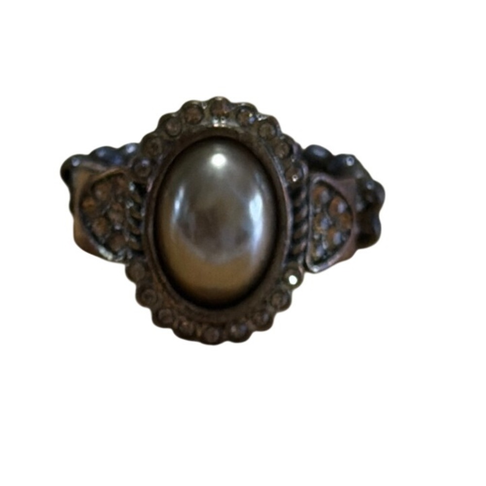 Vintage Style Faux Pearl Rhinestone Bronze Tone Stretch Cocktail Ring Cabochon